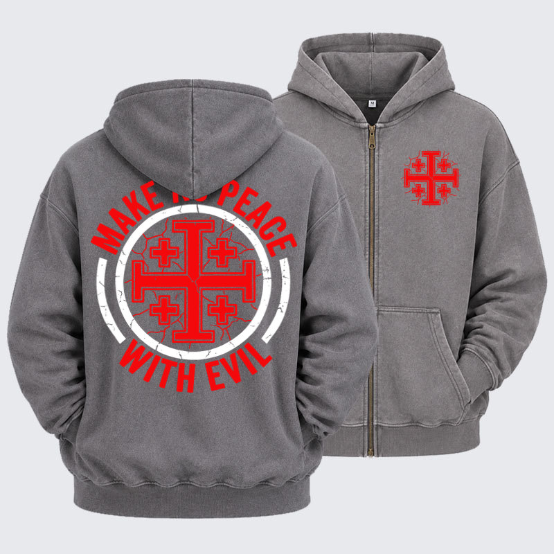 Washed Zip-Up Hoodie - Make No Peace with Evil Knight Templar Jerusalem Cross - Grey (front and back)