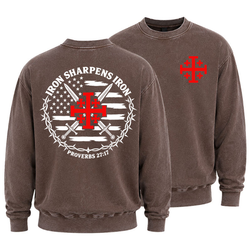 Washed Sweatshirt - Iron Sharpens Iron – Jerusalem Cross & American Flag - Coffee (front and back)