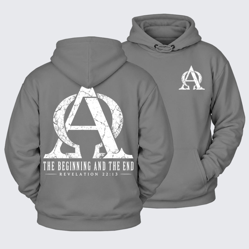 Plush Fleece-Lined Hoodie - Alpha & Omega – The Beginning and the End - Ash Gray (front and back)