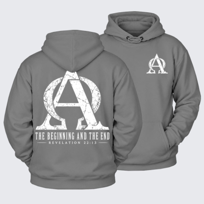 Plush Fleece-Lined Hoodie - Alpha & Omega – The Beginning and the End - Ash Gray (front and back)