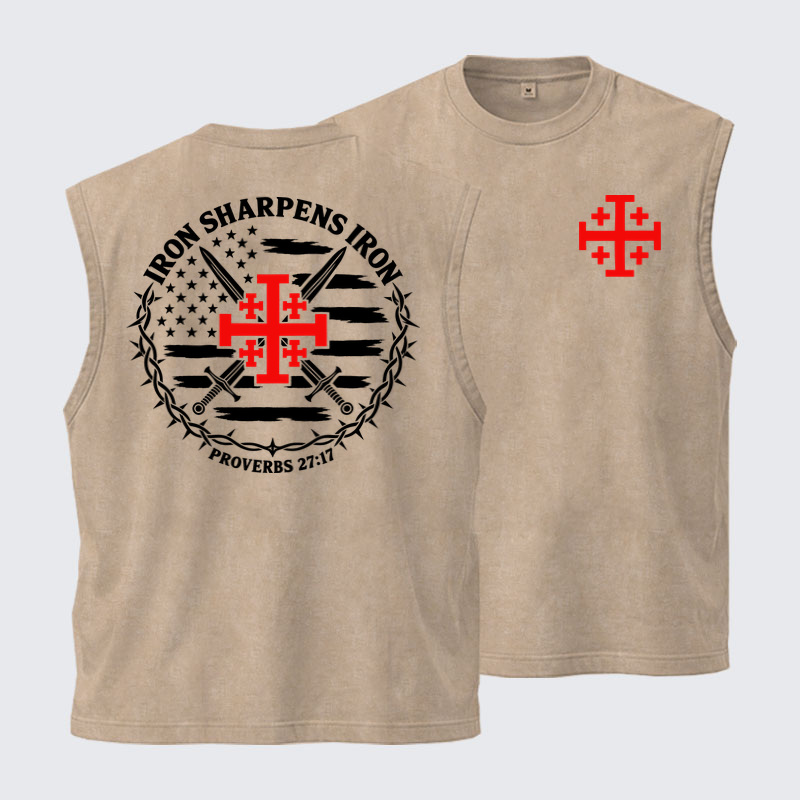 Washed Tank Top - Iron Sharpens Iron – Jerusalem Cross & American Flag - Khaki (front and back)