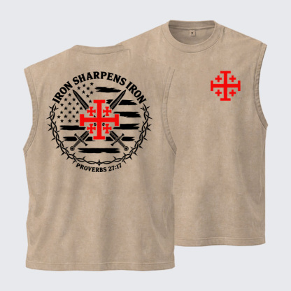 Washed Tank Top - Iron Sharpens Iron – Jerusalem Cross & American Flag - Khaki (front and back)