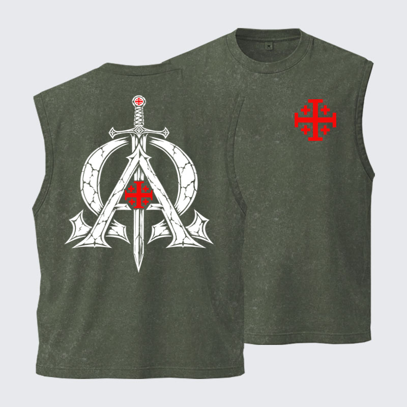Washed Tank Top - Alpha & Omega – Revelation 22:13 Christian Warrior - Army green (front and back)