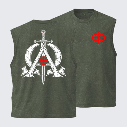 Washed Tank Top - Alpha & Omega – Revelation 22:13 Christian Warrior - Army green (front and back)