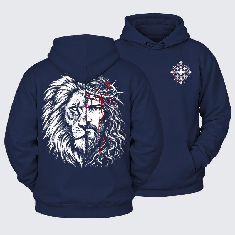 Plush Fleece-Lined Hoodie - Lion of Judah & Jesus – Crown of Thorns - Navy Blue (front and back)