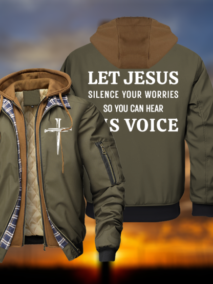 Let Jesus Silence Your Worries, So You Can Hear His Voice Warm Hooded Bomber Jacket