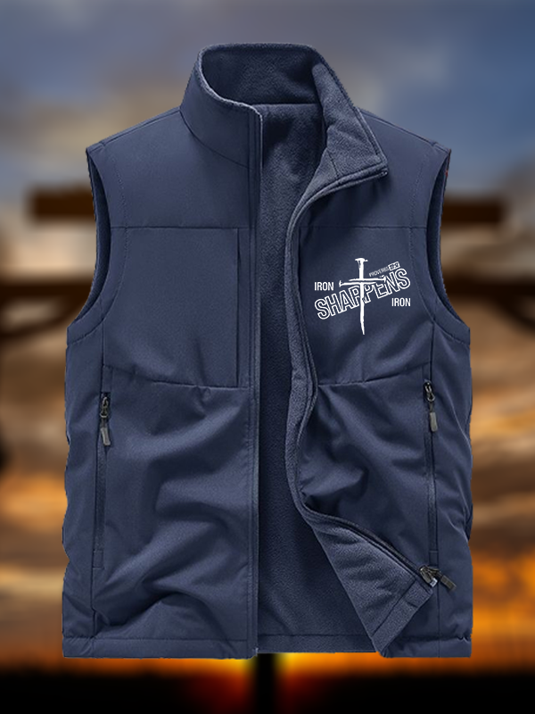 Iron Sharpens Jesus God Christian Reversible Outdoor Fleece-Lined Multi-Pocket Vest