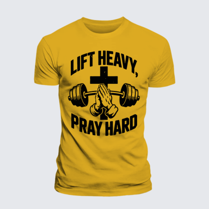 Lift Heavy Pray Hard Jesus God Christian Premium Mercerized Cotton Tee