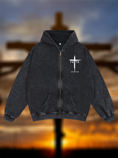 Faith Over Fear Cross Jesus God Christian Washed Zip-Up Hoodie
