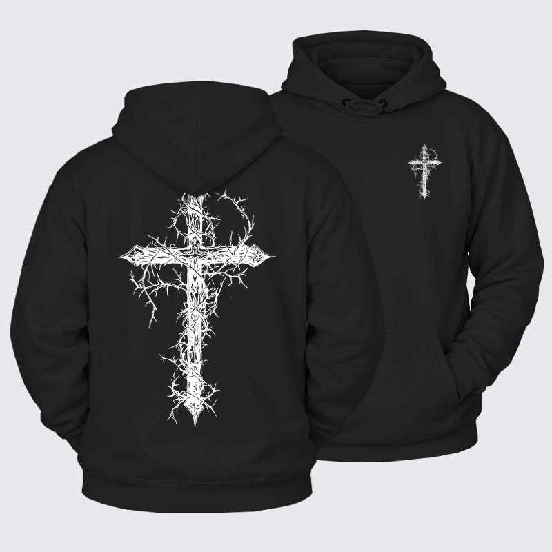 Plush Fleece-Lined Hoodie - Cross - Black (front and back)