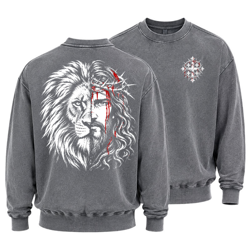 Washed Sweatshirt - Lion of Judah & Jesus – Crown of Thorns - Grey (front and back)