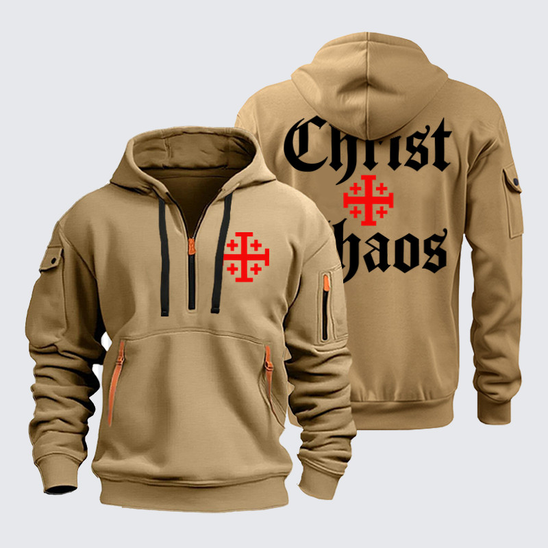 Zipper Hoodies - Christ Or Chaos Jerusalem Cross - Khaki (front and back)