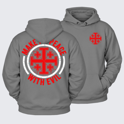 Plush Fleece-Lined Hoodie - Make No Peace with Evil Knight Templar Jerusalem Cross - Ash Gray (front and back)