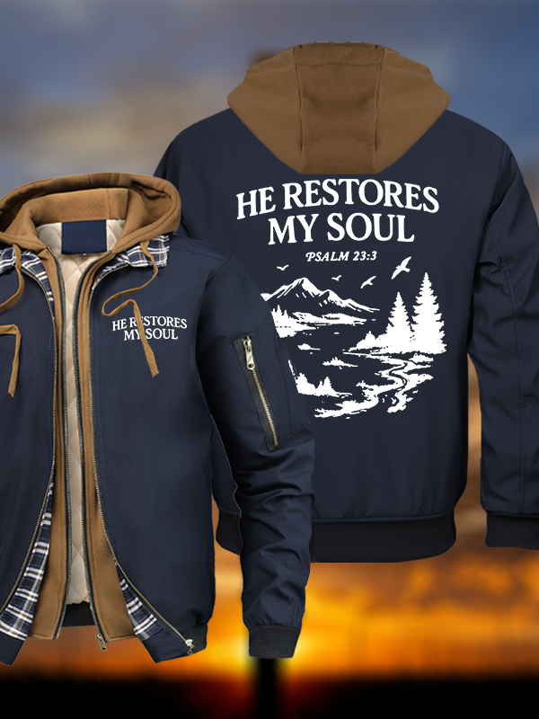 He Restores My Soul Warm Hooded Bomber Jacket