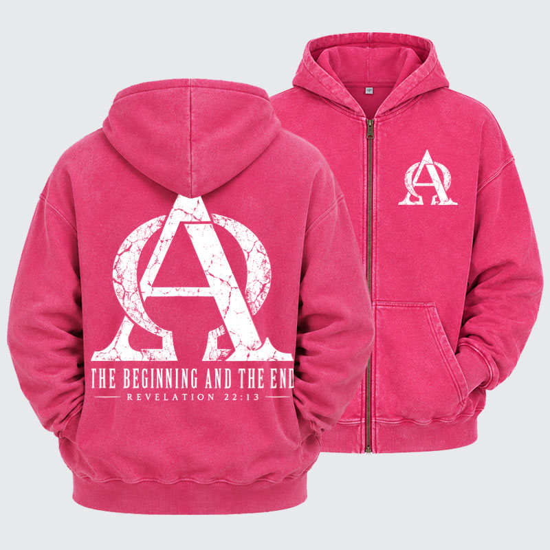 Washed Zip-Up Hoodie - Alpha & Omega – The Beginning and the End - Pink (front and back)