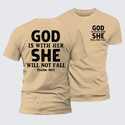 God Is With Her, She Will Not Fall Jesus God Christian Premium Mercerized Cotton Tee