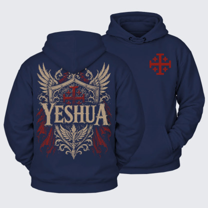 Plush Fleece-Lined Hoodie - Yeshua – King of Kings - Navy Blue (front and back)