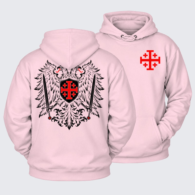 Plush Fleece-Lined Hoodie - Jerusalem Cross – Christian Double-Headed Eagle Warrior - Light Pink (front and back)