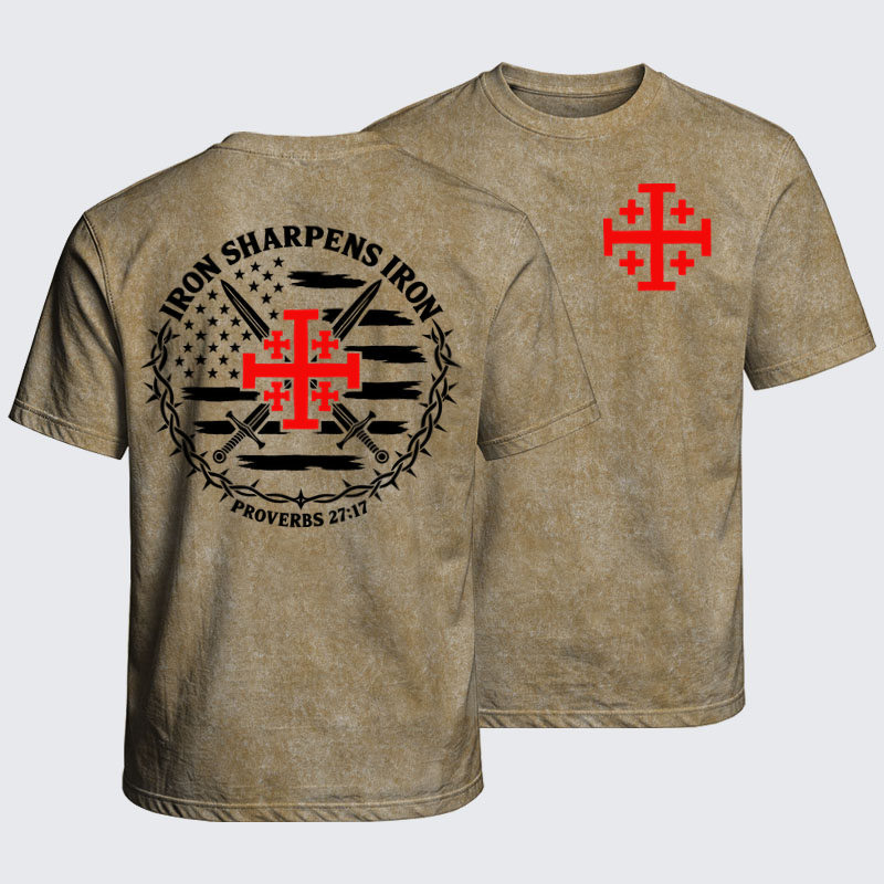 Washed T-Shirt - Iron Sharpens Iron – Jerusalem Cross & American Flag - Khaki (front and back)