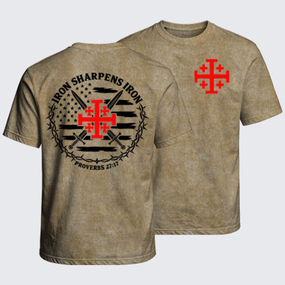 Washed T-Shirt - Iron Sharpens Iron – Jerusalem Cross & American Flag - Khaki (front and back)
