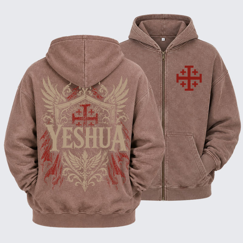 Washed Zip-Up Hoodie - Yeshua – King of Kings - Coffee (front and back)