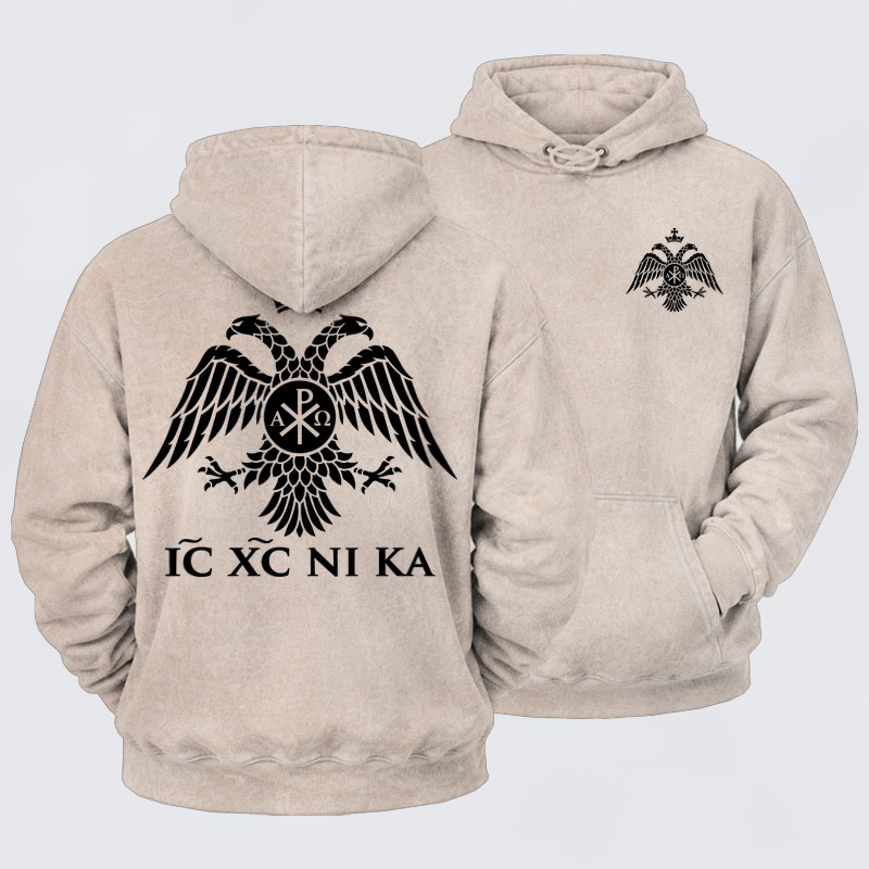 Washed Hoodie - IC XC NIKA – Chi-Rho Double-Headed Eagle - Beige (front and back)