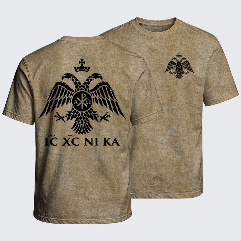 Washed T-Shirt - IC XC NIKA – Chi-Rho Double-Headed Eagle - Khaki (front and back)