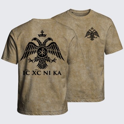 Washed T-Shirt - IC XC NIKA – Chi-Rho Double-Headed Eagle - Khaki (front and back)