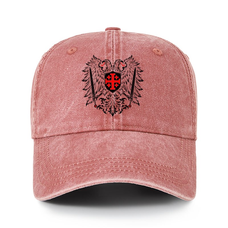 Heritage Washed Cap - Jerusalem Cross – Christian Double-Headed Eagle Warrior - Brick Red (front)