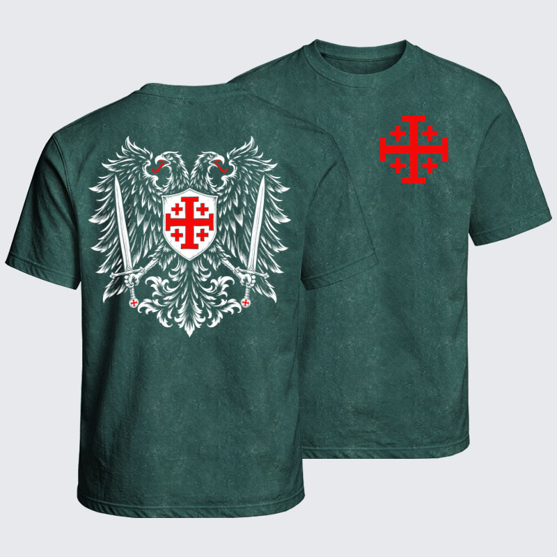 Washed T-Shirt - Jerusalem Cross – Christian Double-Headed Eagle Warrior - Dark Green (front and back)