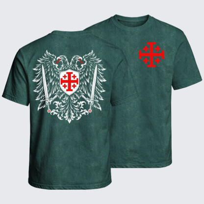 Washed T-Shirt - Jerusalem Cross – Christian Double-Headed Eagle Warrior - Dark Green (front and back)
