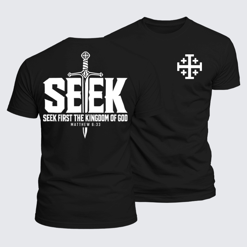 Luxe Mercerized Cotton Tee - Seek First the Kingdom of God – Matthew 6:33 - Black (front and back)