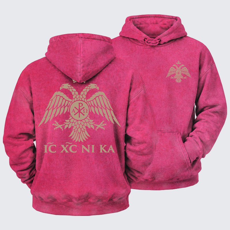 Washed Hoodie - IC XC NIKA – Chi-Rho Double-Headed Eagle - Pink (front and back)