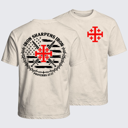 Washed T-Shirt - Iron Sharpens Iron – Jerusalem Cross & American Flag - Beige (front and back)