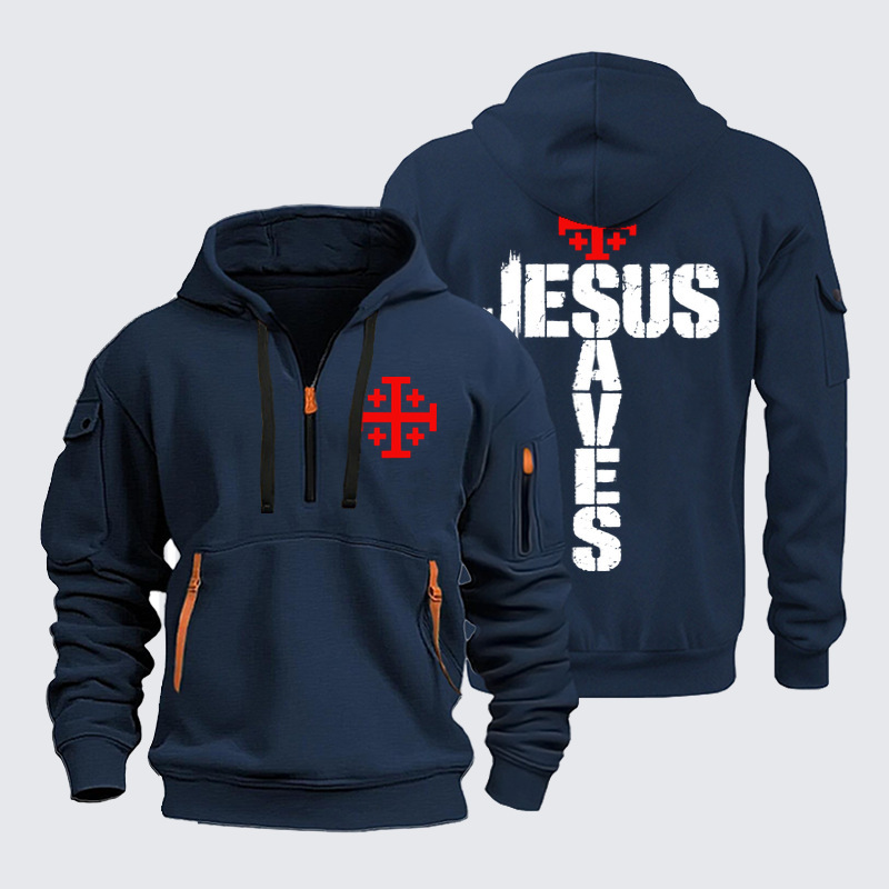 Zipper Hoodies - Jesus Saves Jerusalem Cross - Navy (front and back)