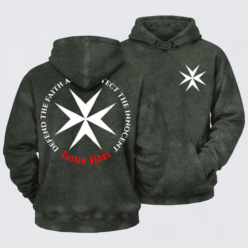 Washed Hoodie - Defend the Faith, Protect the Innocent Christian Knighti – Tuitio Fide - Army green (front and back)