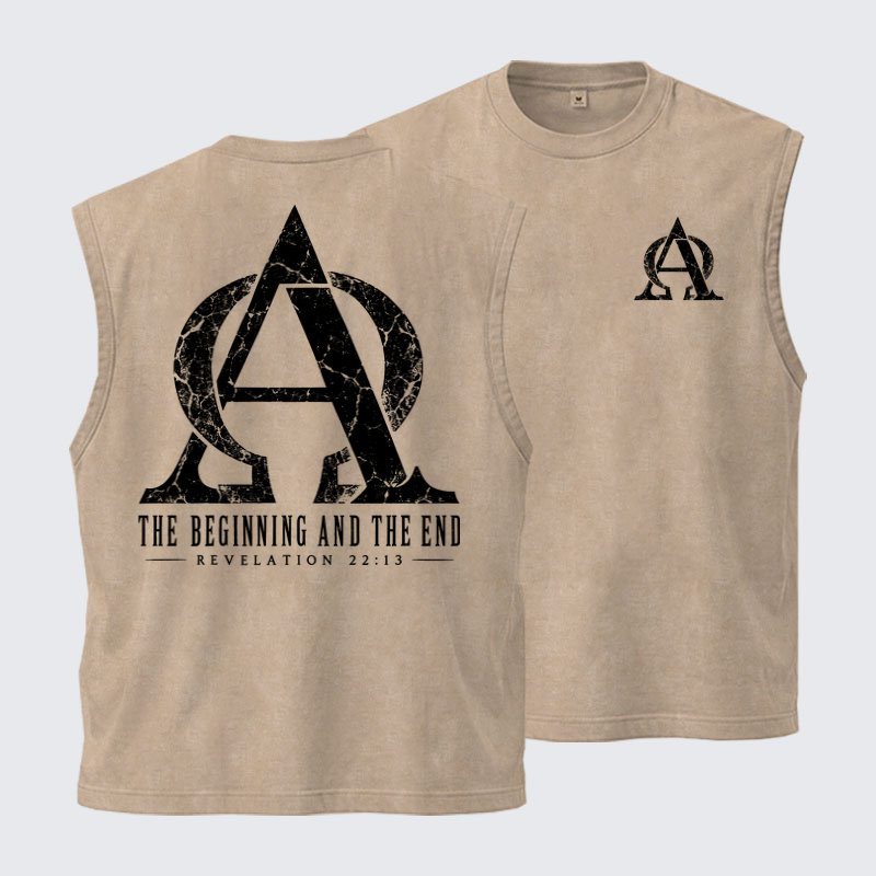 Washed Tank Top - Alpha & Omega – The Beginning and the End - Khaki (front and back)