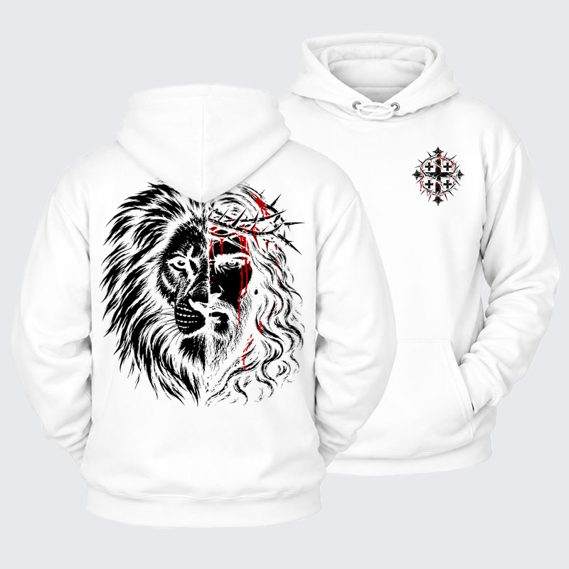 Plush Fleece-Lined Hoodie - Lion of Judah & Jesus – Crown of Thorns - White (front and back)