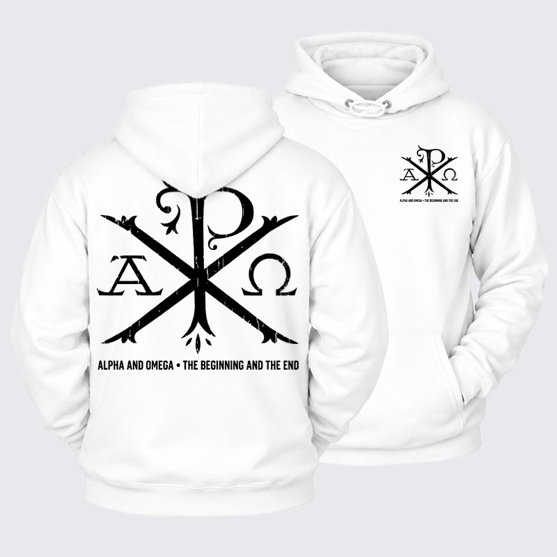 Plush Fleece-Lined Hoodie - Alpha And Omega - White (front and back)