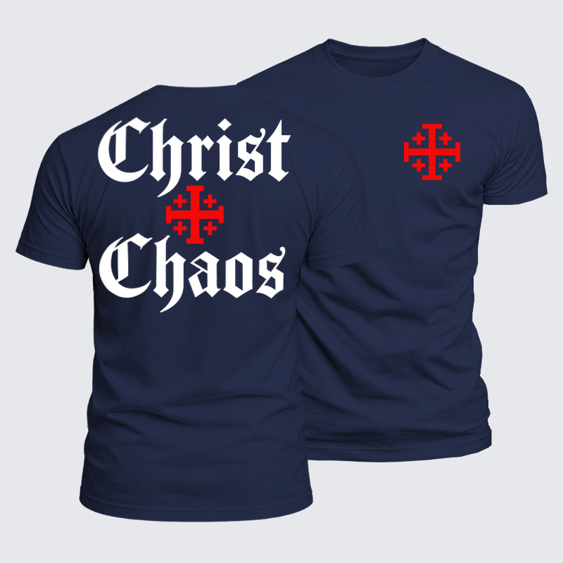 Luxe Mercerized Cotton Tee - Christ Or Chaos Jerusalem Cross - Navy Blue (front and back)
