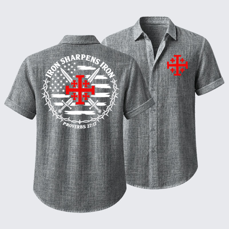 Short Sleeve Casual Shirt - Iron Sharpens Iron – Jerusalem Cross & American Flag - Grey (front and back)