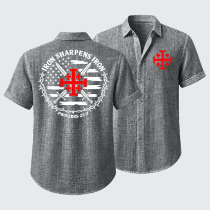 Short Sleeve Casual Shirt - Iron Sharpens Iron – Jerusalem Cross & American Flag - Grey (front and back)