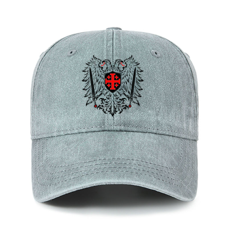 Heritage Washed Cap - Jerusalem Cross – Christian Double-Headed Eagle Warrior - Washed Gray (front)