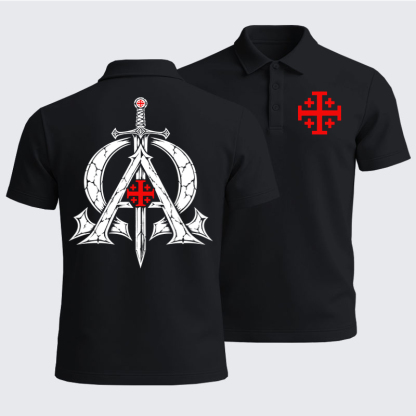Men’s Premium Cotton Polo Shirt - Alpha & Omega – Revelation 22:13 Christian Warrior - Black (front and back)