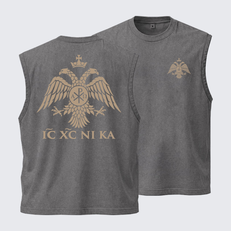 Washed Tank Top - IC XC NIKA – Chi-Rho Double-Headed Eagle - Grey (front and back)