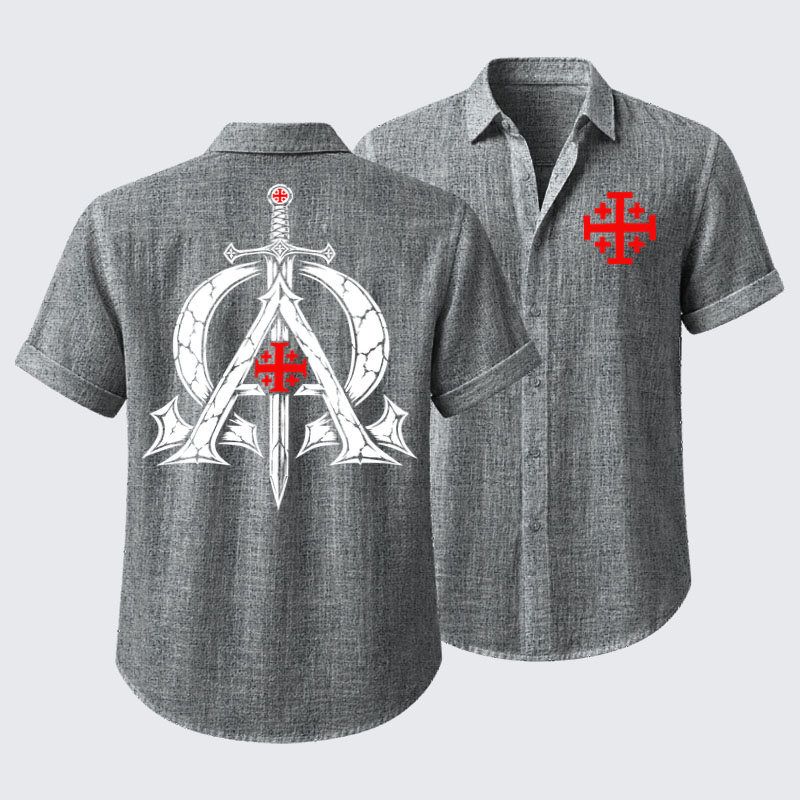 Short Sleeve Casual Shirt - Alpha & Omega – Revelation 22:13 Christian Warrior - Grey (front and back)