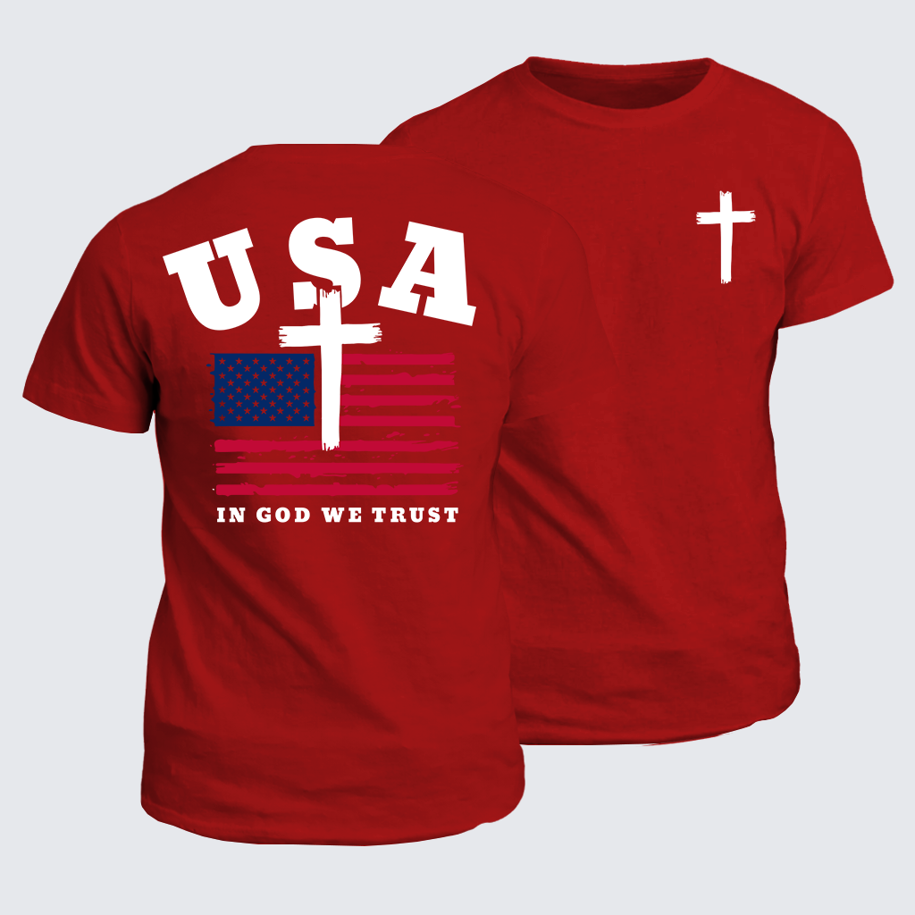 In God We Trust USA Flag Cross Jesus God Christian Cotton T-Shirt