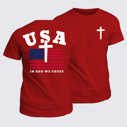 In God We Trust USA Flag Cross Jesus God Christian Cotton T-Shirt