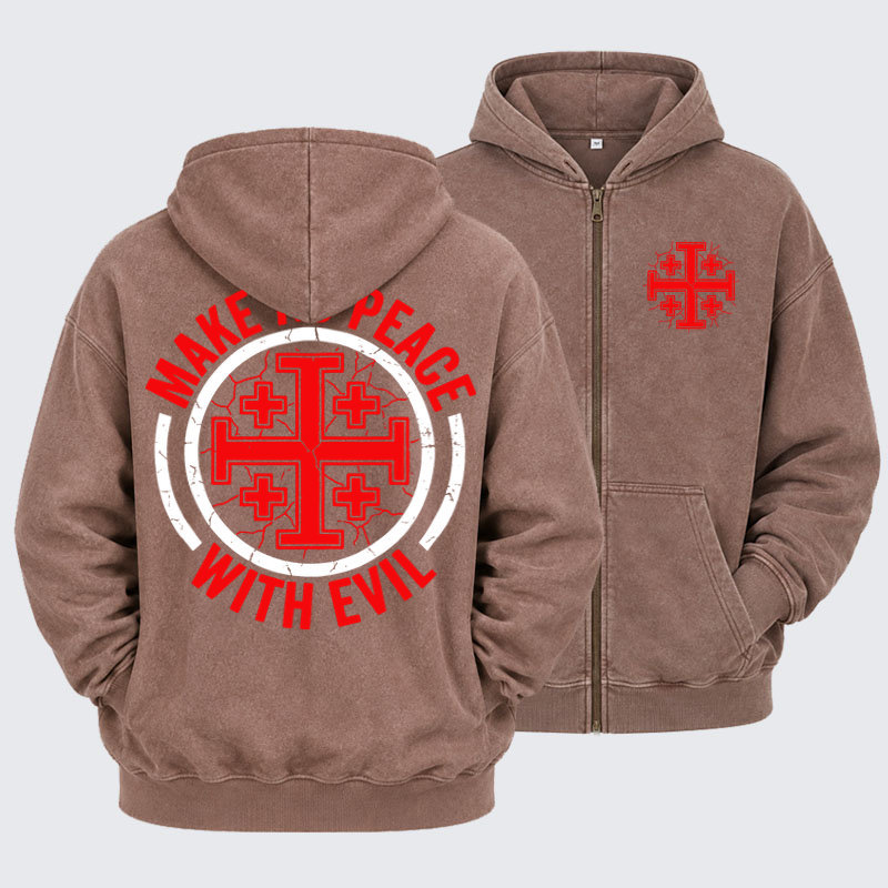Washed Zip-Up Hoodie - Make No Peace with Evil Knight Templar Jerusalem Cross - Coffee (front and back)