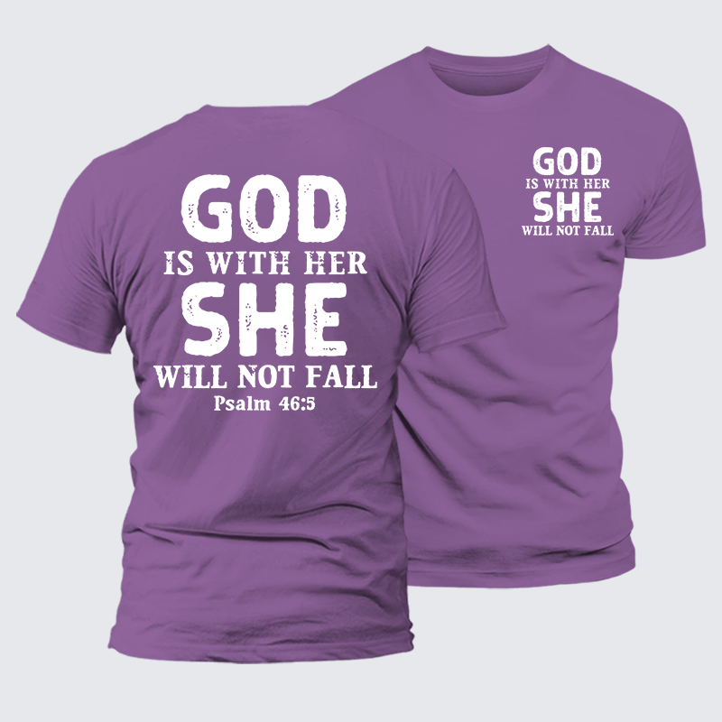 God Is With Her, She Will Not Fall Jesus God Christian Premium Mercerized Cotton Tee